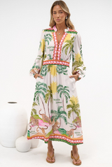 Khalid Maxi Dress - V neck Long Sleeve Maxi Dress in Vacation Print