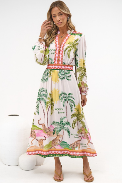 Khalid Maxi Dress - V neck Long Sleeve Maxi Dress in Vacation Print
