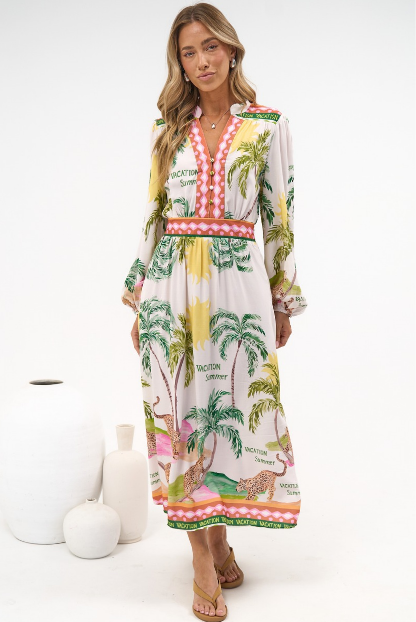 Khalid Maxi Dress - V neck Long Sleeve Maxi Dress in Vacation Print