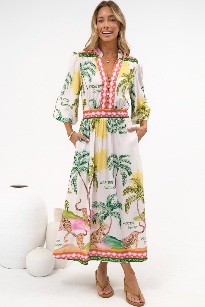 Khalid Maxi Dress - V neck Long Sleeve Maxi Dress in Vacation Print