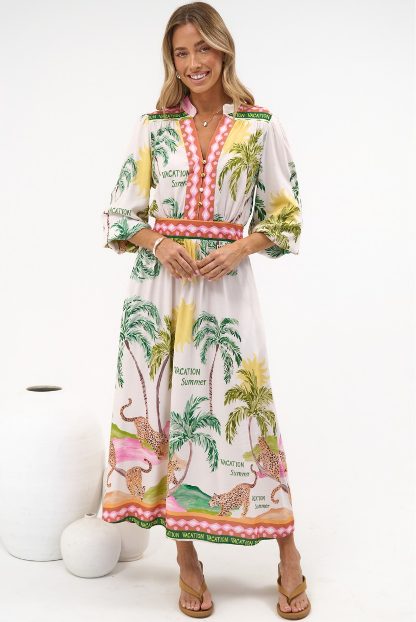 Khalid Maxi Dress - V neck Long Sleeve Maxi Dress in Vacation Print