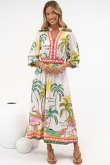 Khalid Maxi Dress - V neck Long Sleeve Maxi Dress in Vacation Print