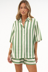 Mirian Button Up Shirt And Shorts Set in Green Stripe