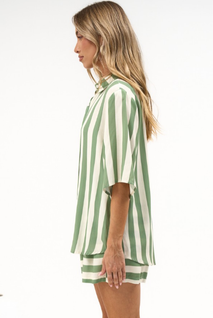 Mirian Button Up Shirt And Shorts Set in Green Stripe