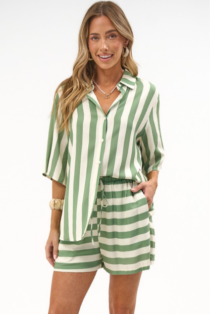 Mirian Button Up Shirt And Shorts Set in Green Stripe