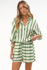 Mirian Button Up Shirt And Shorts Set in Green Stripe