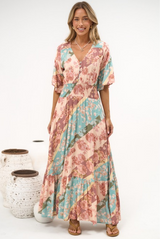 Jemina Maxi Dress - V-Neck Elasticated Waist A-Line Dress in Clavelle Print