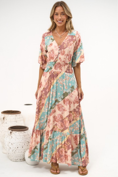 Jemina Maxi Dress - V-Neck Elasticated Waist A-Line Dress in Clavelle Print