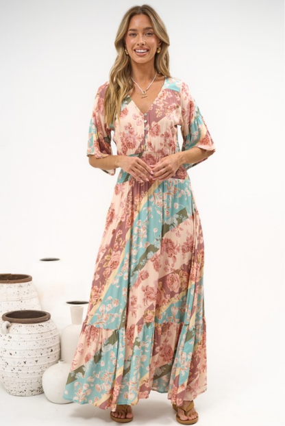 Jemina Maxi Dress - V-Neck Elasticated Waist A-Line Dress in Clavelle Print