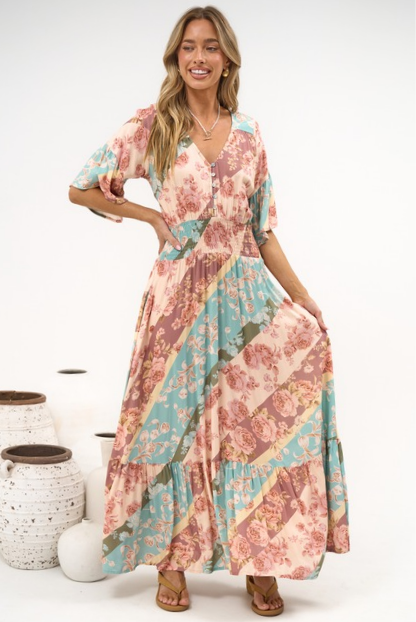 Jemina Maxi Dress - V-Neck Elasticated Waist A-Line Dress in Clavelle Print