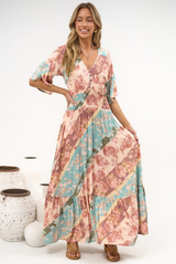 Jemina Maxi Dress - V-Neck Elasticated Waist A-Line Dress in Clavelle Print
