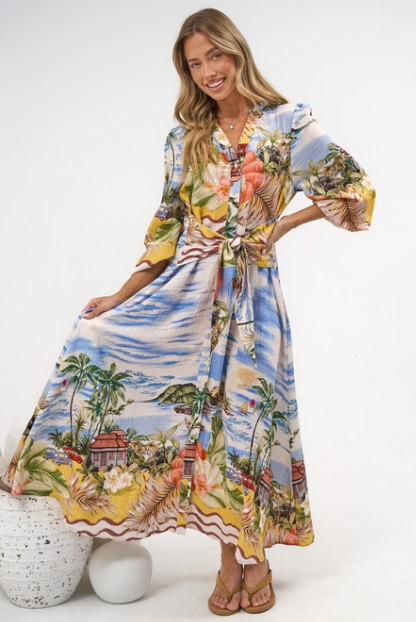 Ralph Maxi Dress - V Neck Button Down Maxi Dress in Island Breeze Print