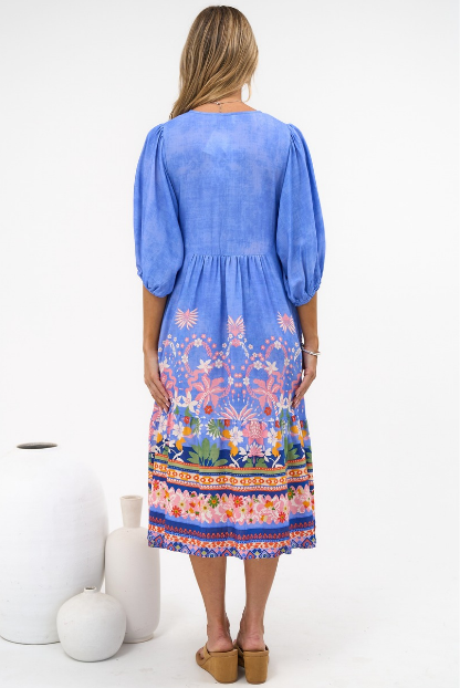 Muse Midi Dress - V Neck 3/4 Sleeve A Line Midi Dress in Clara Print