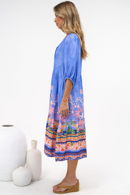 Muse Midi Dress - V Neck 3/4 Sleeve A Line Midi Dress in Clara Print
