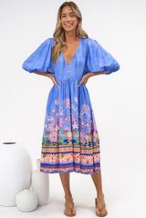 Muse Midi Dress - V Neck 3/4 Sleeve A Line Midi Dress in Clara Print