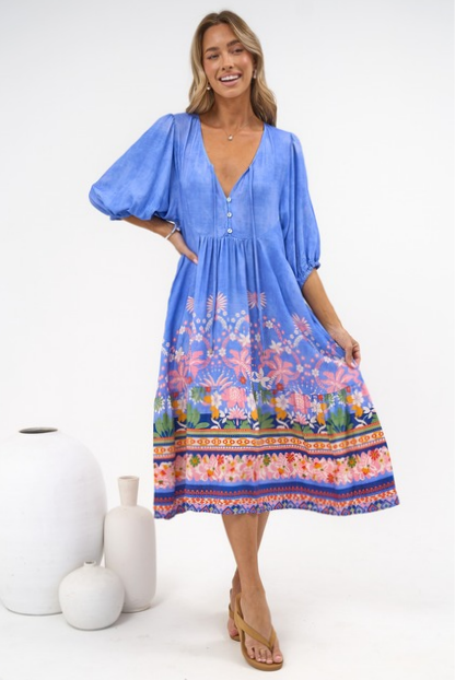 Muse Midi Dress - V Neck 3/4 Sleeve A Line Midi Dress in Clara Print