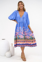 Muse Midi Dress - V Neck 3/4 Sleeve A Line Midi Dress in Clara Print