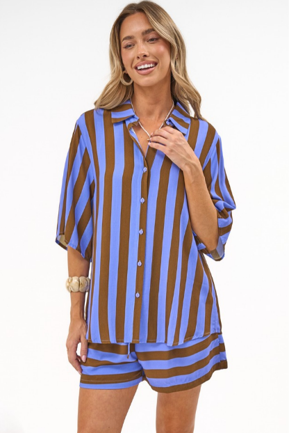 Mirian Button Up Shirt And Shorts Set in Blue Stripe