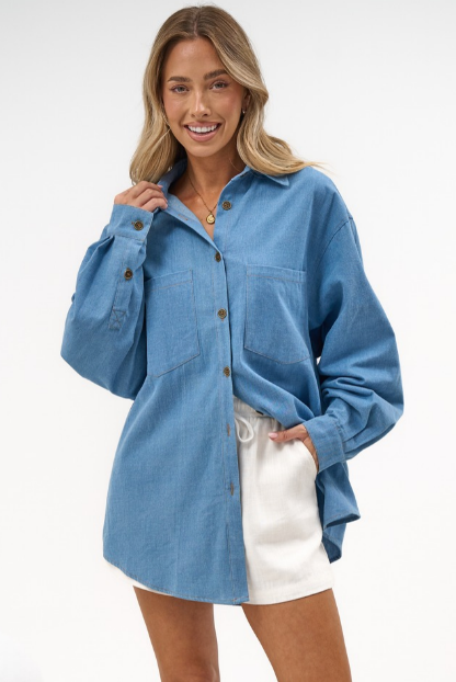 Foster Shirt - Oversized Button Down Denim Shirt in Mid Denim Wash