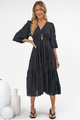 Kella Midi Dress - V Neck Long Sleeve A Line Tiered Dress in Black
