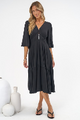Kella Midi Dress - V Neck Long Sleeve A Line Tiered Dress in Black