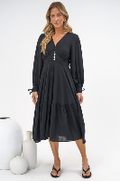 Kella Midi Dress - V Neck Long Sleeve A Line Tiered Dress in Black