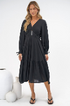 Kella Midi Dress - V Neck Long Sleeve A Line Tiered Dress in Black