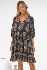 Sorrento Mini Dress - V-Neck Shift Dress with Balloon Sleeves in Soleil Print