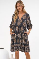 Sorrento Mini Dress - V-Neck Shift Dress with Balloon Sleeves in Soleil Print