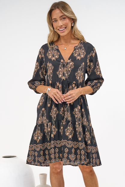 Sorrento Mini Dress - V-Neck Shift Dress with Balloon Sleeves in Soleil Print
