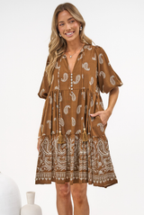 Mirtes Mini Dress - Mandarin Collar Short Sleeve with Tie Smock Dress in Cleo Print Brown