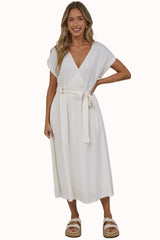 Macy Midi Dress - V Neck A Line Dress with Cuffed Cap Sleeves and Waist TIe in Beige