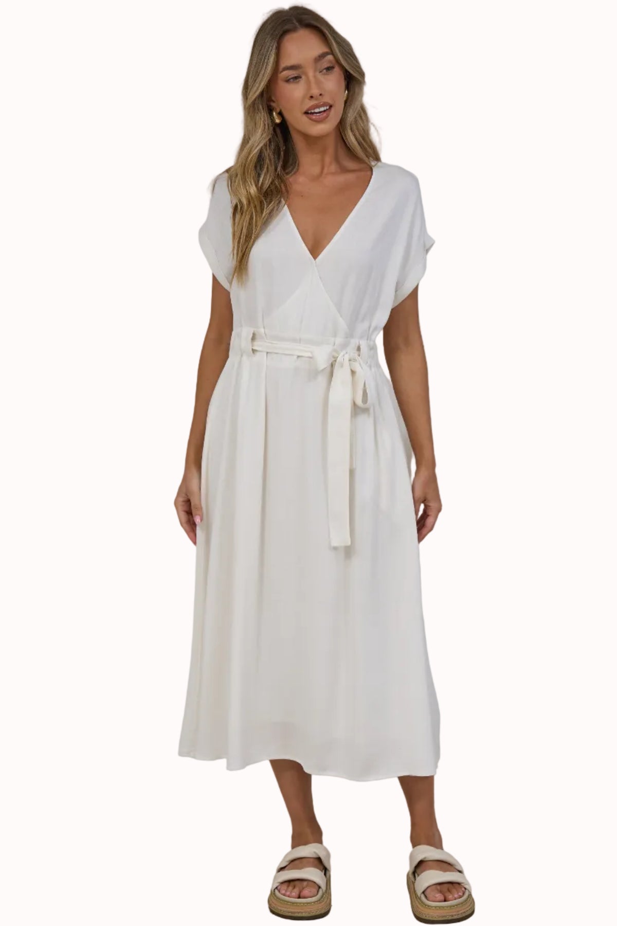 Macy Midi Dress - V Neck A Line Dress with Cuffed Cap Sleeves and Waist TIe in Beige