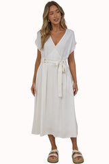 Macy Midi Dress - V Neck A Line Dress with Cuffed Cap Sleeves and Waist TIe in Beige