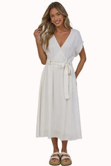 Macy Midi Dress - V Neck A Line Dress with Cuffed Cap Sleeves and Waist TIe in Beige