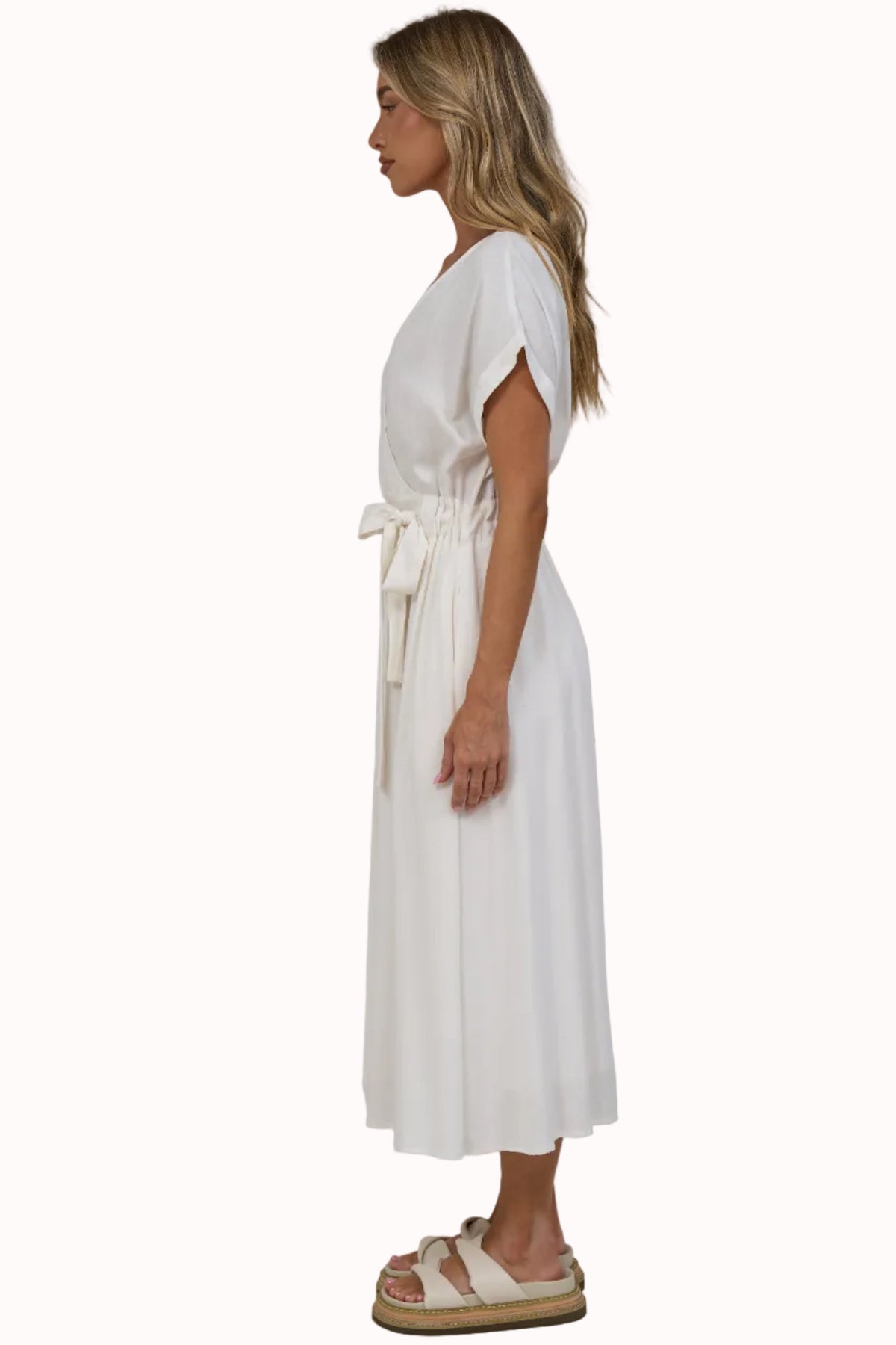 Macy Midi Dress - V Neck A Line Dress with Cuffed Cap Sleeves and Waist TIe in Beige