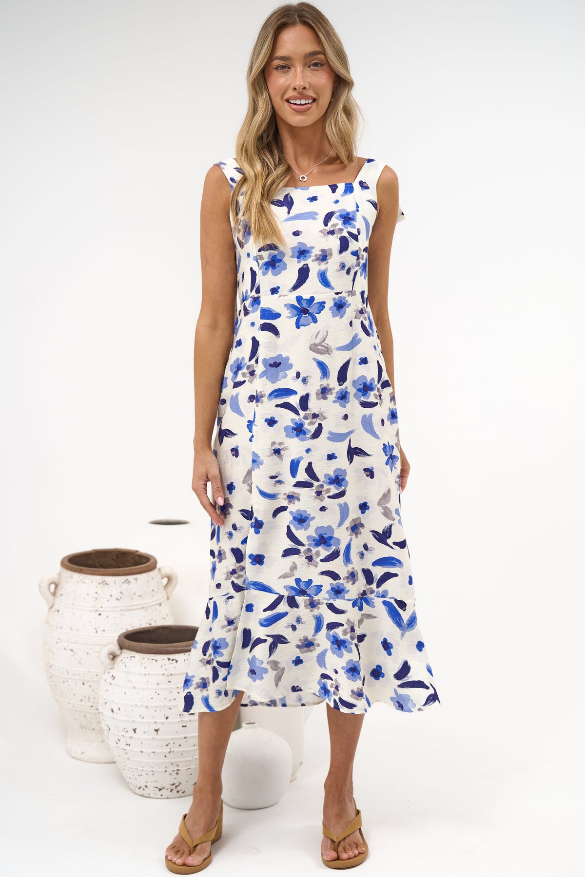 Teala Midi Dress - Tie Shoulder Square Neck Dress with Tiered Hemline in Delphinia Print
