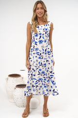 Teala Midi Dress - Tie Shoulder Square Neck Dress with Tiered Hemline in Delphinia Print