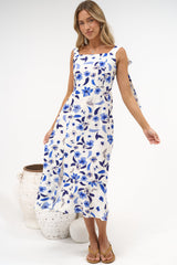Teala Midi Dress - Tie Shoulder Square Neck Dress with Tiered Hemline in Delphinia Print