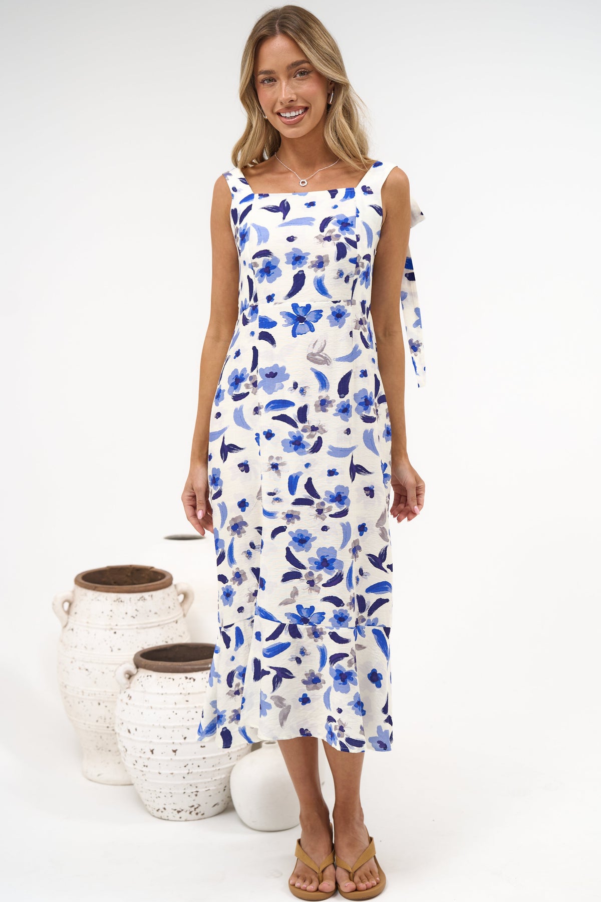 Teala Midi Dress - Tie Shoulder Square Neck Dress with Tiered Hemline in Delphinia Print