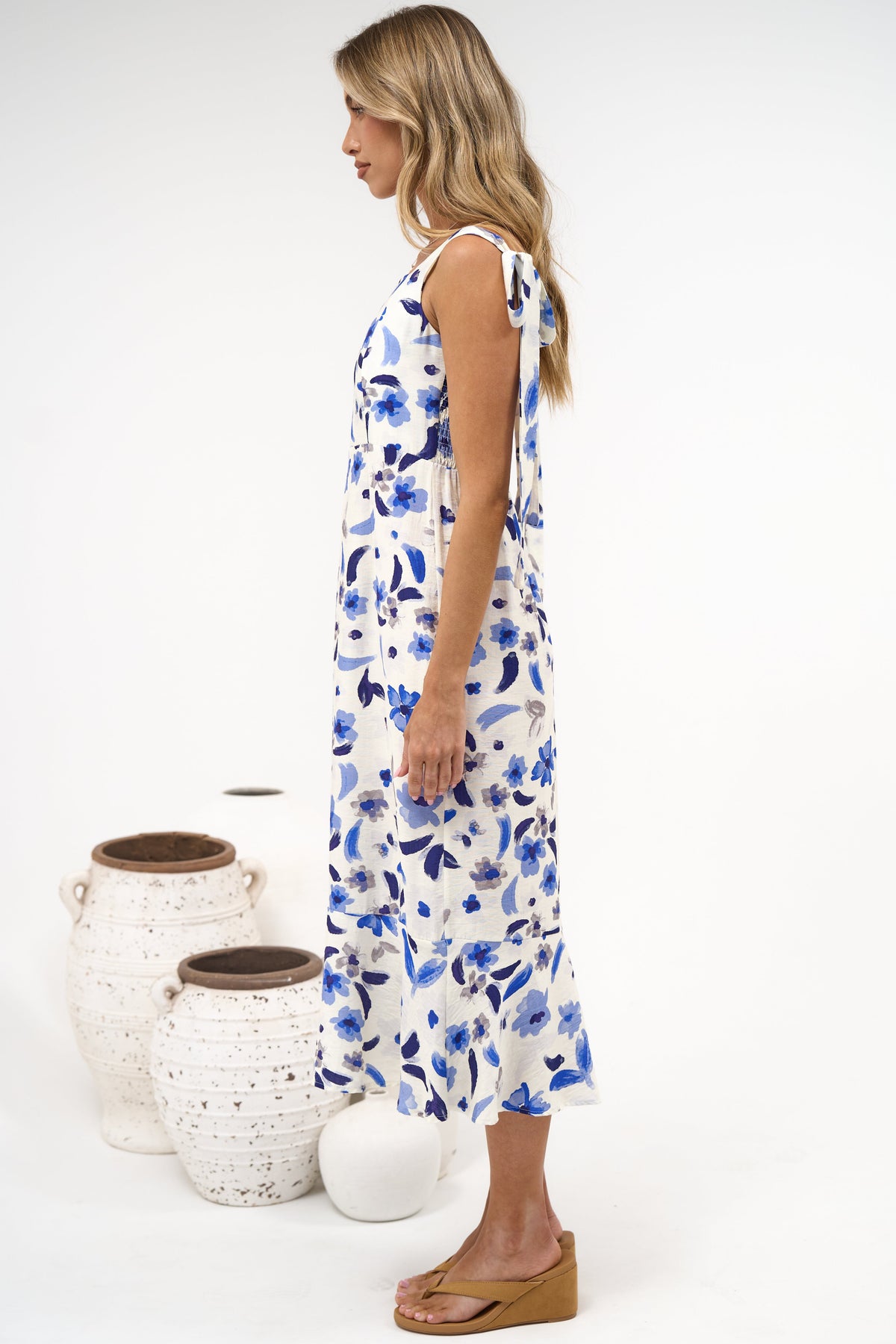 Teala Midi Dress - Tie Shoulder Square Neck Dress with Tiered Hemline in Delphinia Print