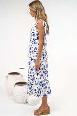 Teala Midi Dress - Tie Shoulder Square Neck Dress with Tiered Hemline in Delphinia Print