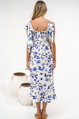 Teala Midi Dress - Tie Shoulder Square Neck Dress with Tiered Hemline in Delphinia Print