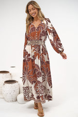 Prisca Maxi Dress - V Neck A Line Long Sleeve Dress with Pockets Samara Print