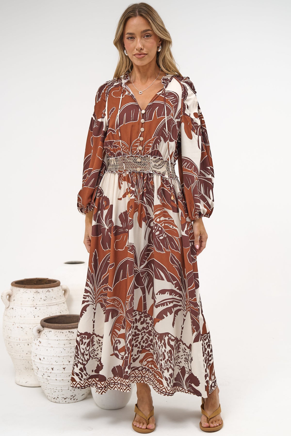 Prisca Maxi Dress - V Neck A Line Long Sleeve Dress with Pockets Samara Print