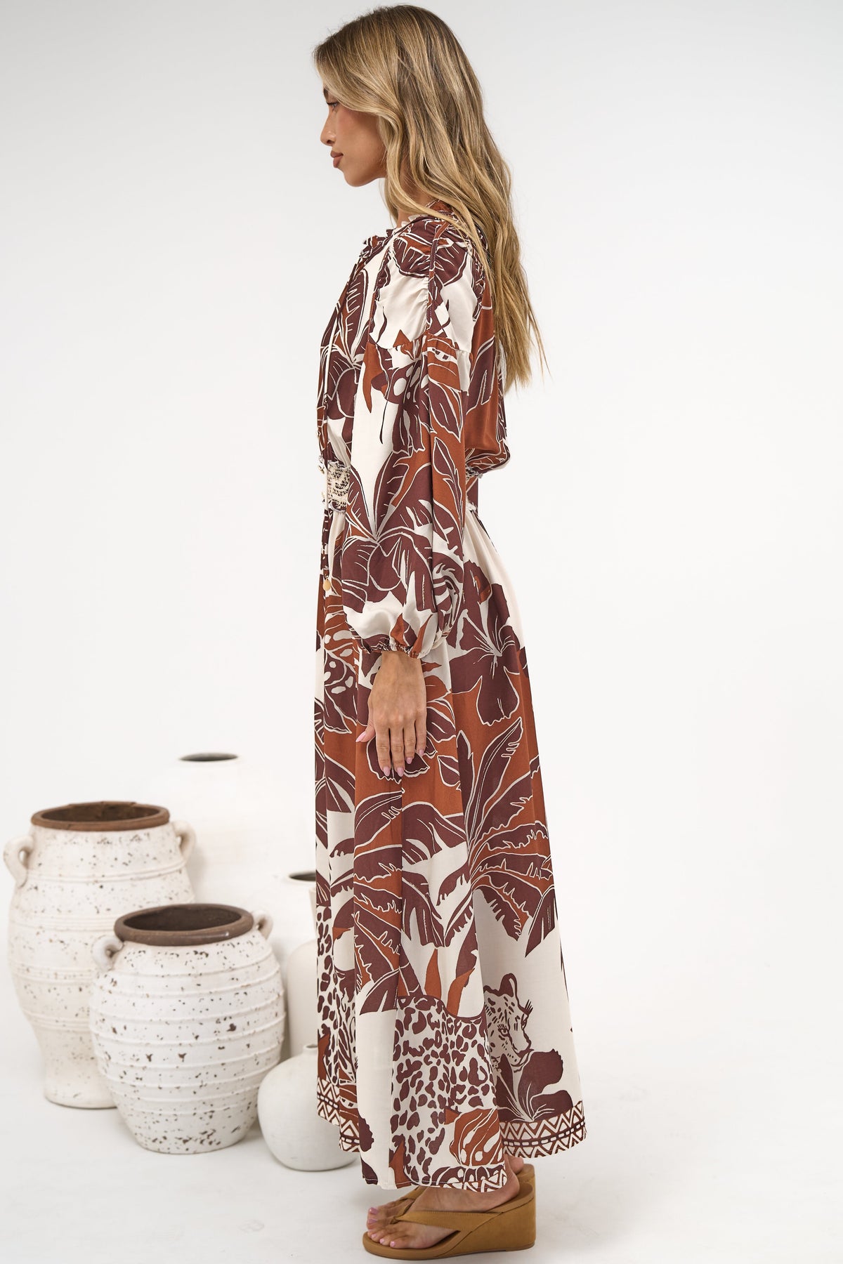 Prisca Maxi Dress - V Neck A Line Long Sleeve Dress with Pockets Samara Print