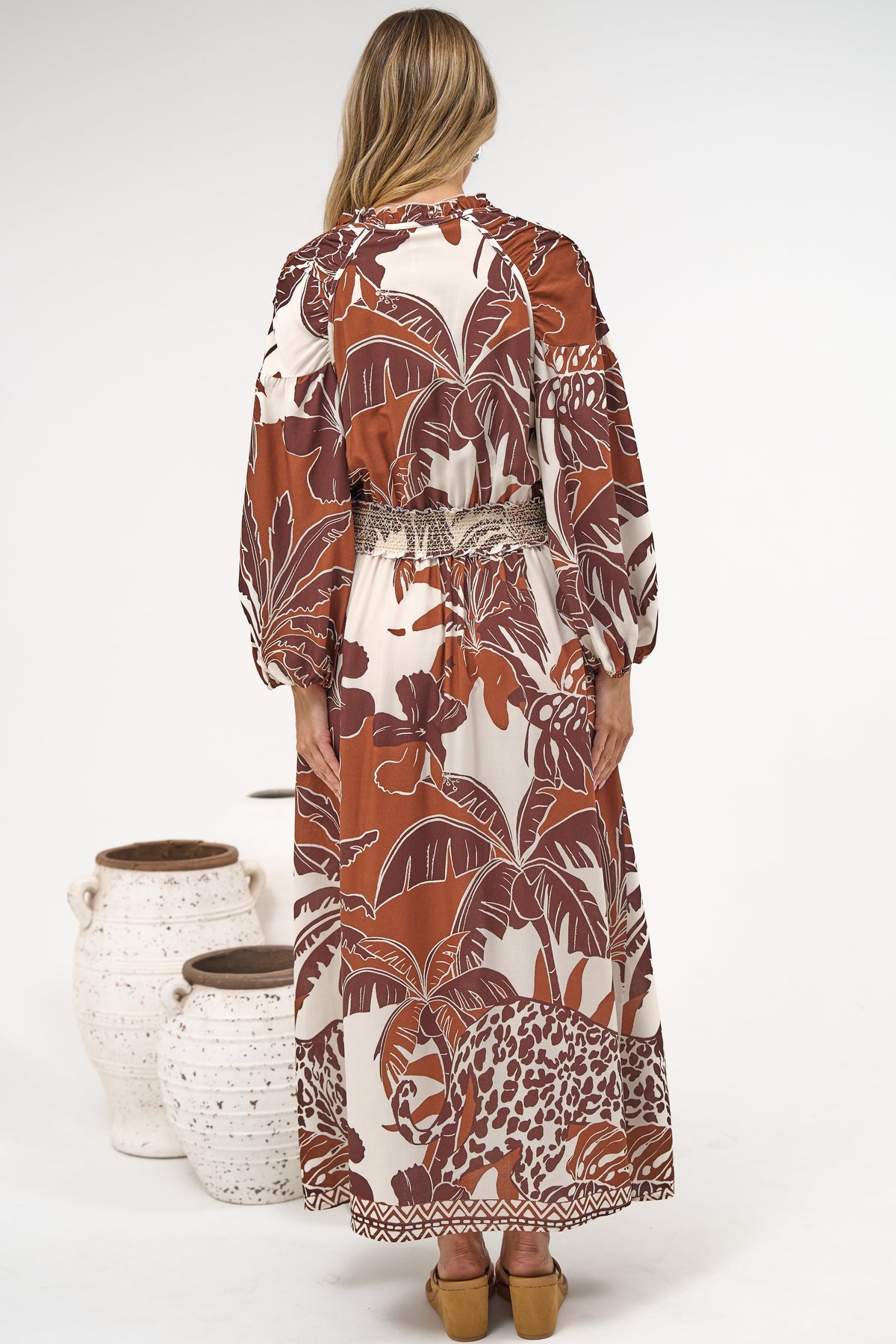 Prisca Maxi Dress - V Neck A Line Long Sleeve Dress with Pockets Samara Print