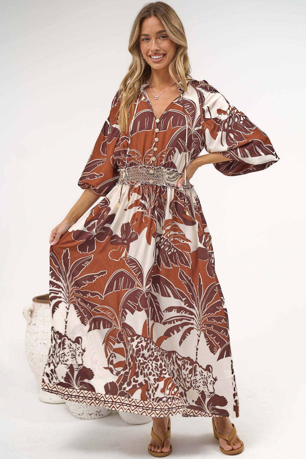 Prisca Maxi Dress - V Neck A Line Long Sleeve Dress with Pockets Samara Print