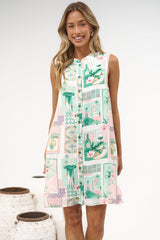 Coralline Mini Dress - Mandarin Collar Sleeveless Button Down Shift Dress with Pockets in Sorbet Print