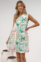 Coralline Mini Dress - Mandarin Collar Sleeveless Button Down Shift Dress with Pockets in Sorbet Print